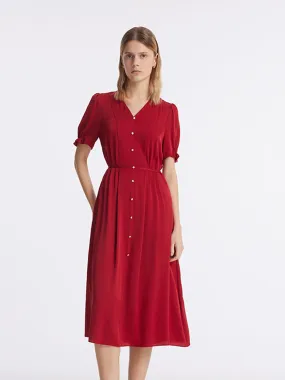 22 Momme Mulberry Silk V-Neck Single-Breasted Women Midi Dress