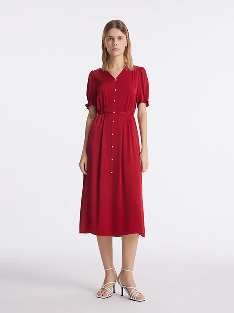 22 Momme Mulberry Silk V-Neck Single-Breasted Women Midi Dress