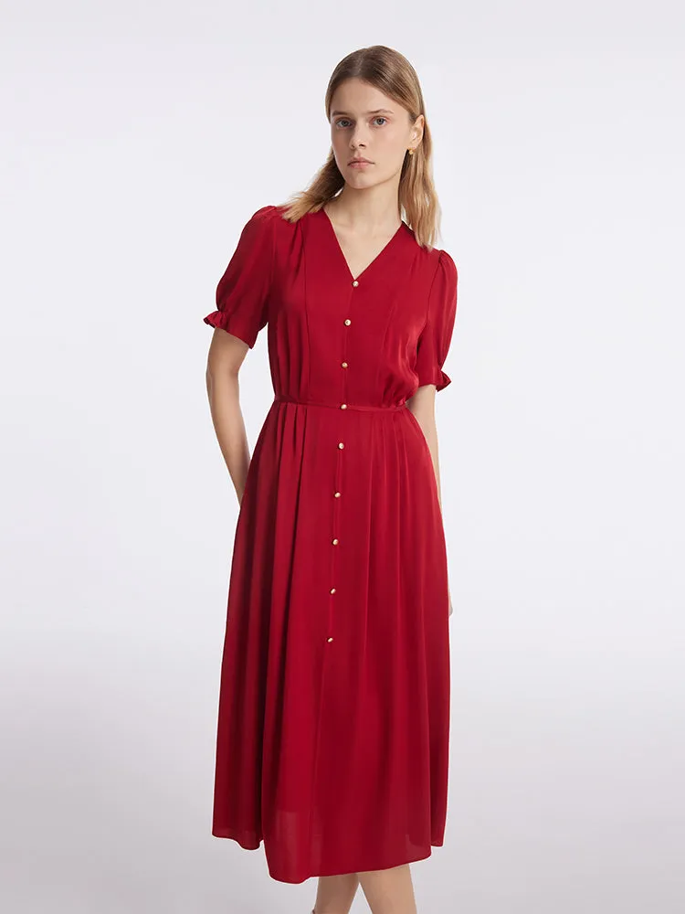 22 Momme Mulberry Silk V-Neck Single-Breasted Women Midi Dress