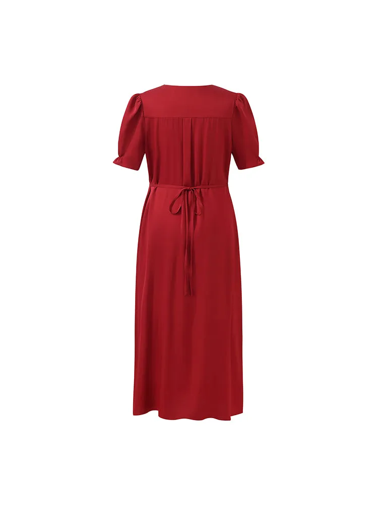 22 Momme Mulberry Silk V-Neck Single-Breasted Women Midi Dress