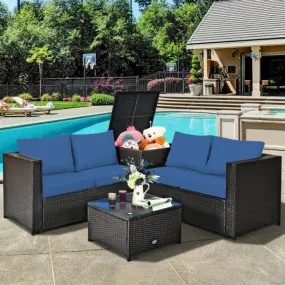 4 Pieces Outdoor Patio Rattan Furniture Set with Cushioned Loveseat and Storage Box-Navy