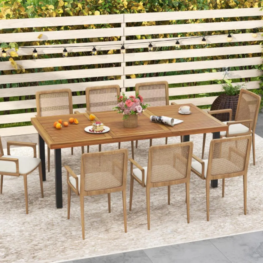 79 Acacia Wood Dining Table 8-Person Patio Table with 1.9 Umbrella Hole and Adjustable Foot Pads