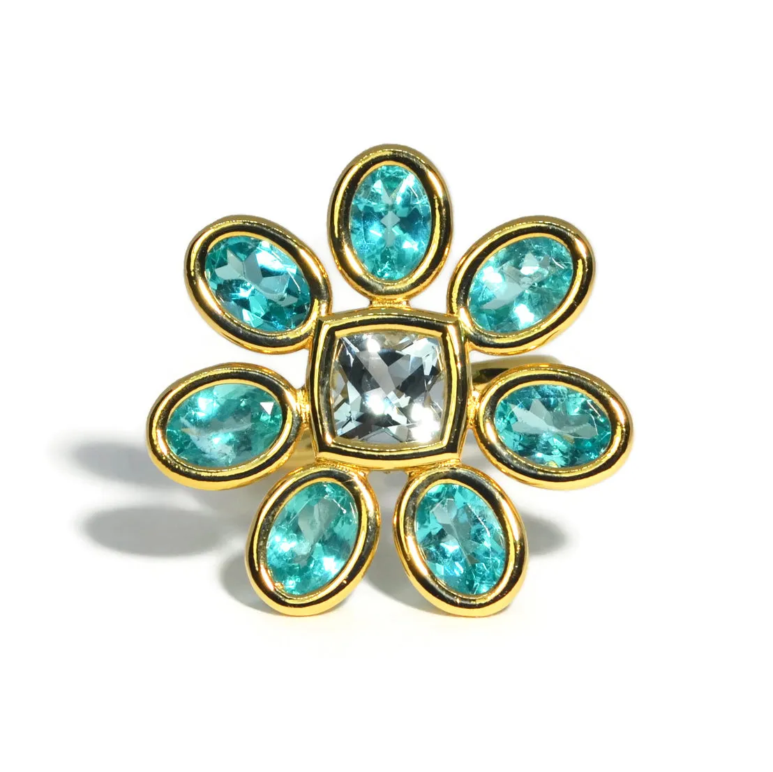 A & Furst - Fiori - Cocktail Ring with Paraiba Color Apatite and Aquamarine, 18k Yellow Gold