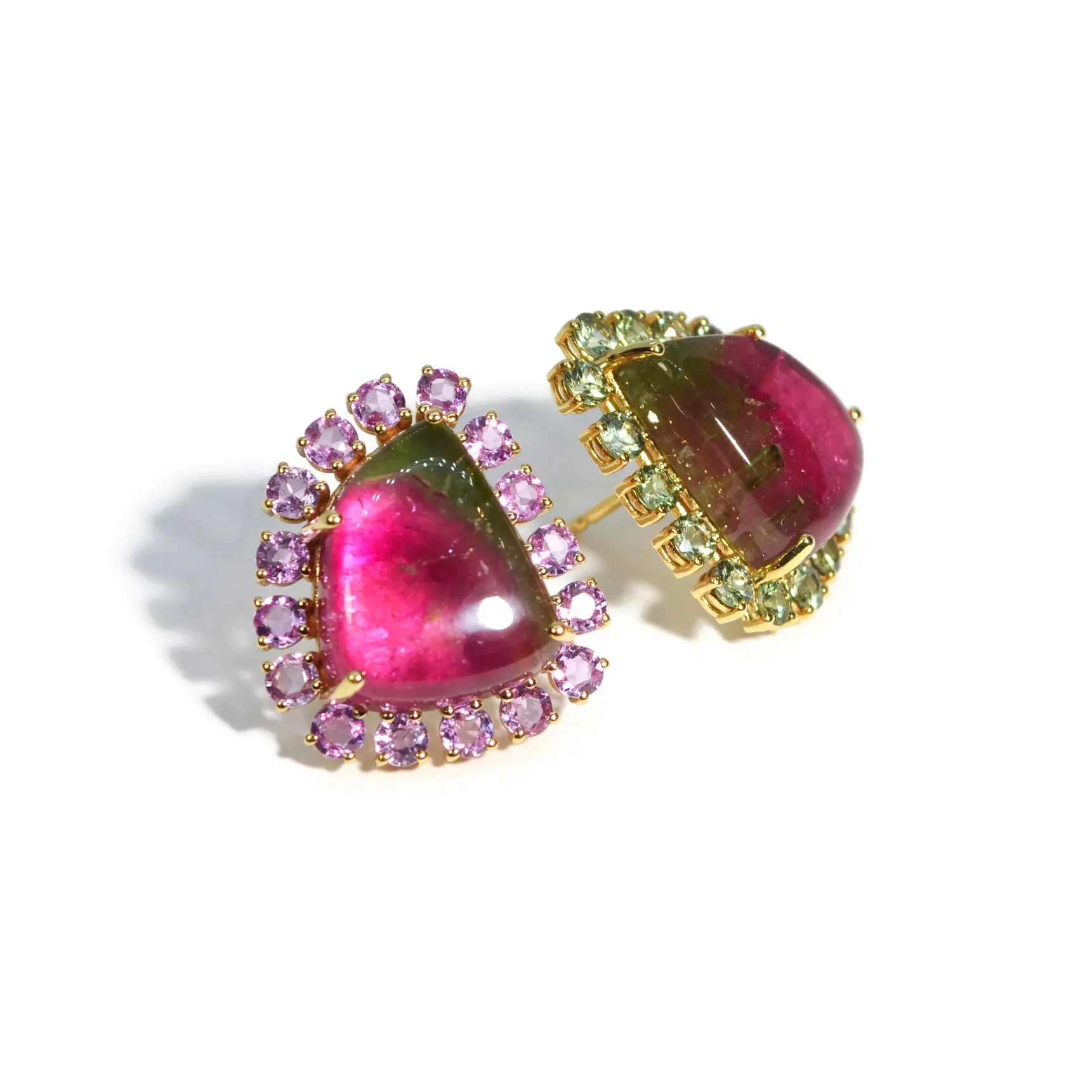 A & Furst - Sole - One of a Kind Button Earrings with Watermelon Tourmaline, Pink and Green Sapphires, 18k Yellow Gold