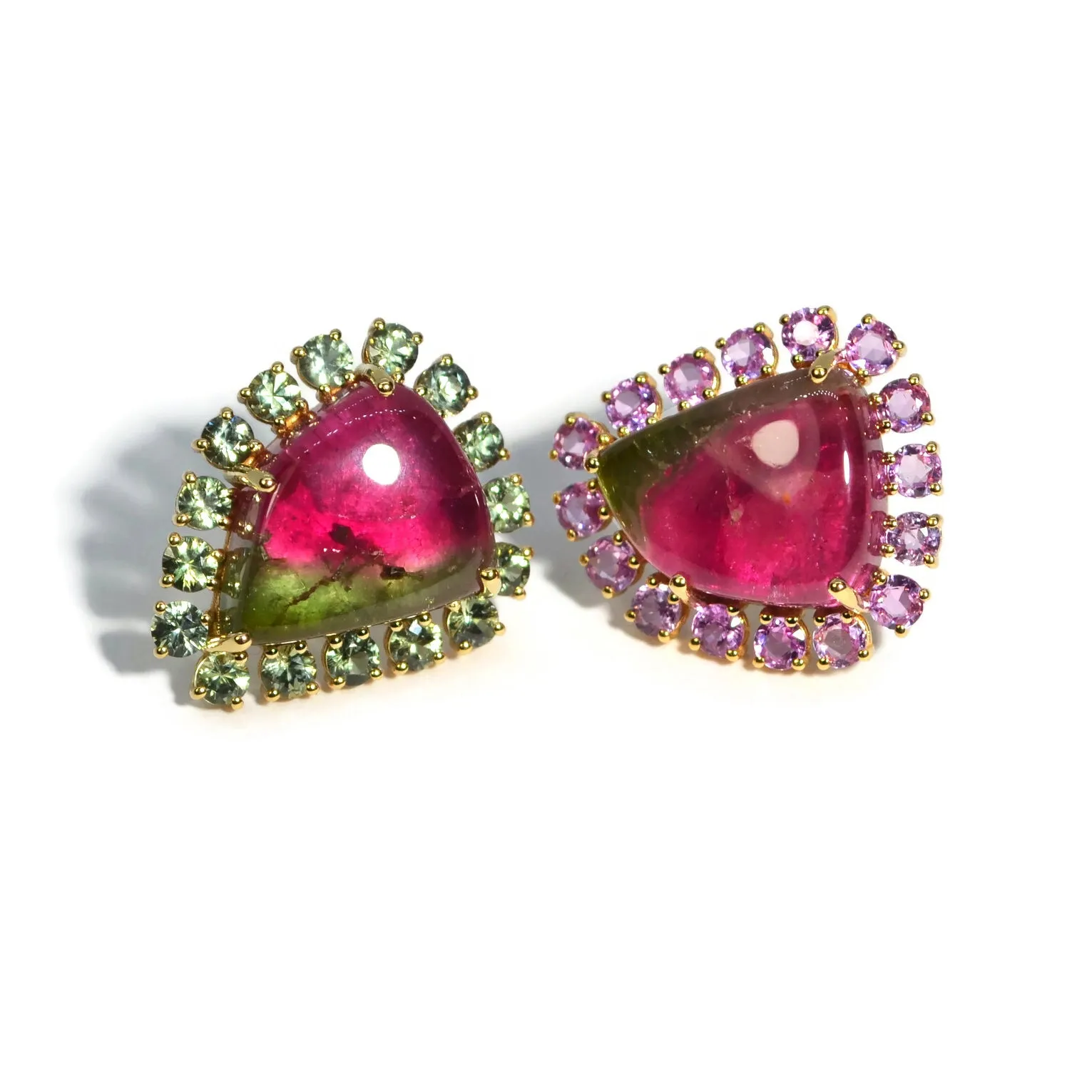 A & Furst - Sole - One of a Kind Button Earrings with Watermelon Tourmaline, Pink and Green Sapphires, 18k Yellow Gold