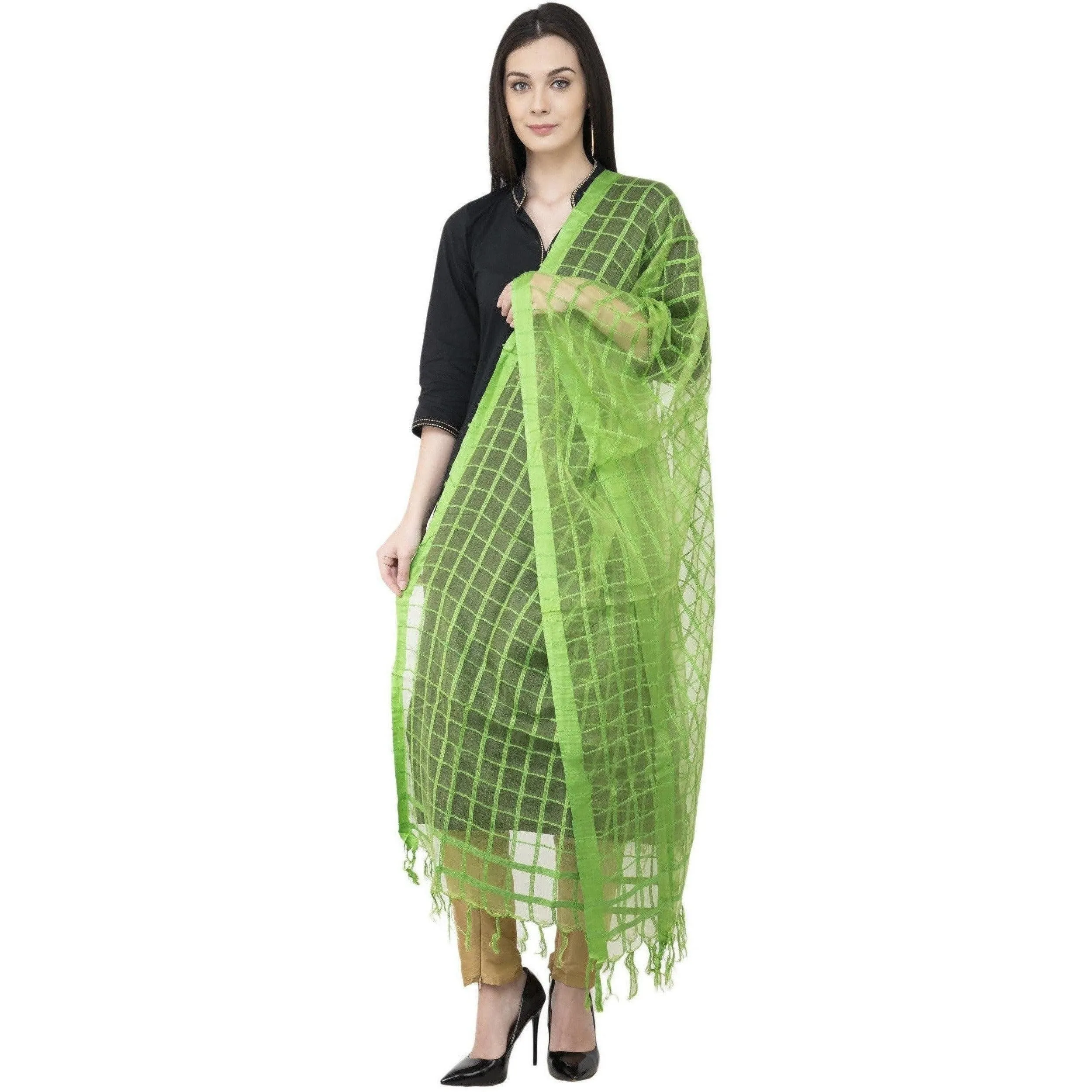 A R Silk Cotton square Regular Dupatta Parrot Green Color Dupatta or Chunni