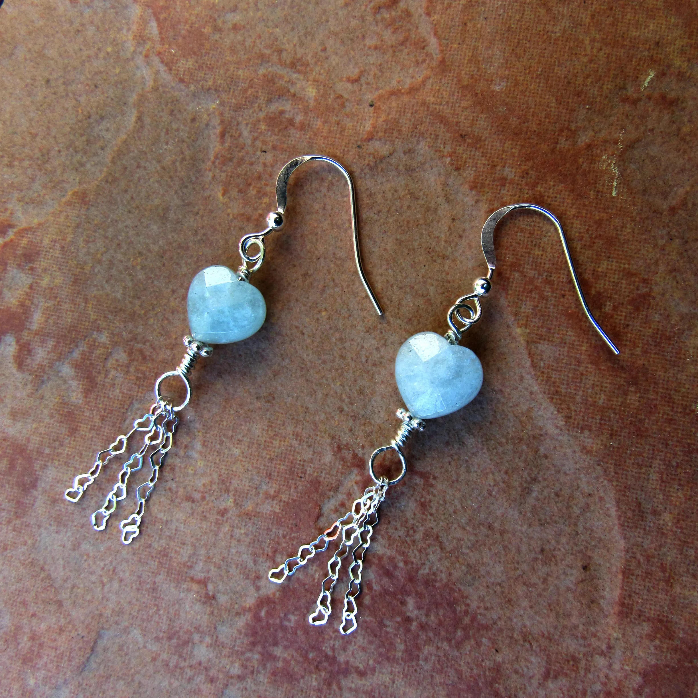 Aquamarine Gemstone Hearts and Sterling Silver Heart Chain Drop Earrings