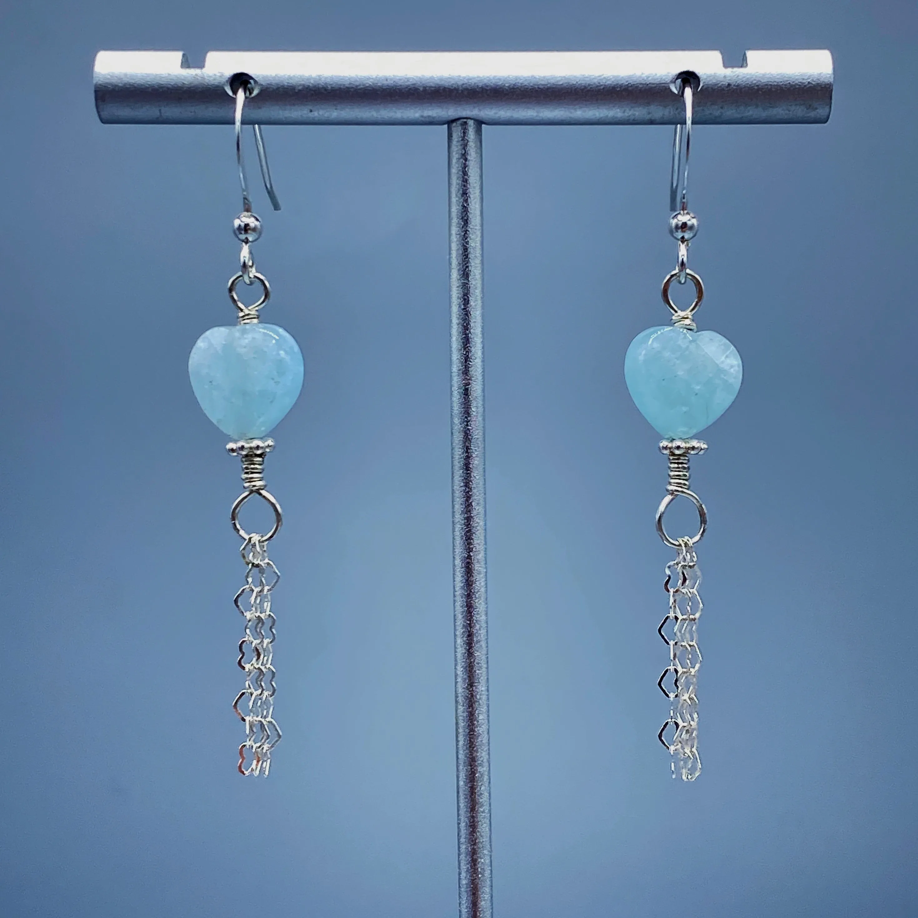 Aquamarine Gemstone Hearts and Sterling Silver Heart Chain Drop Earrings