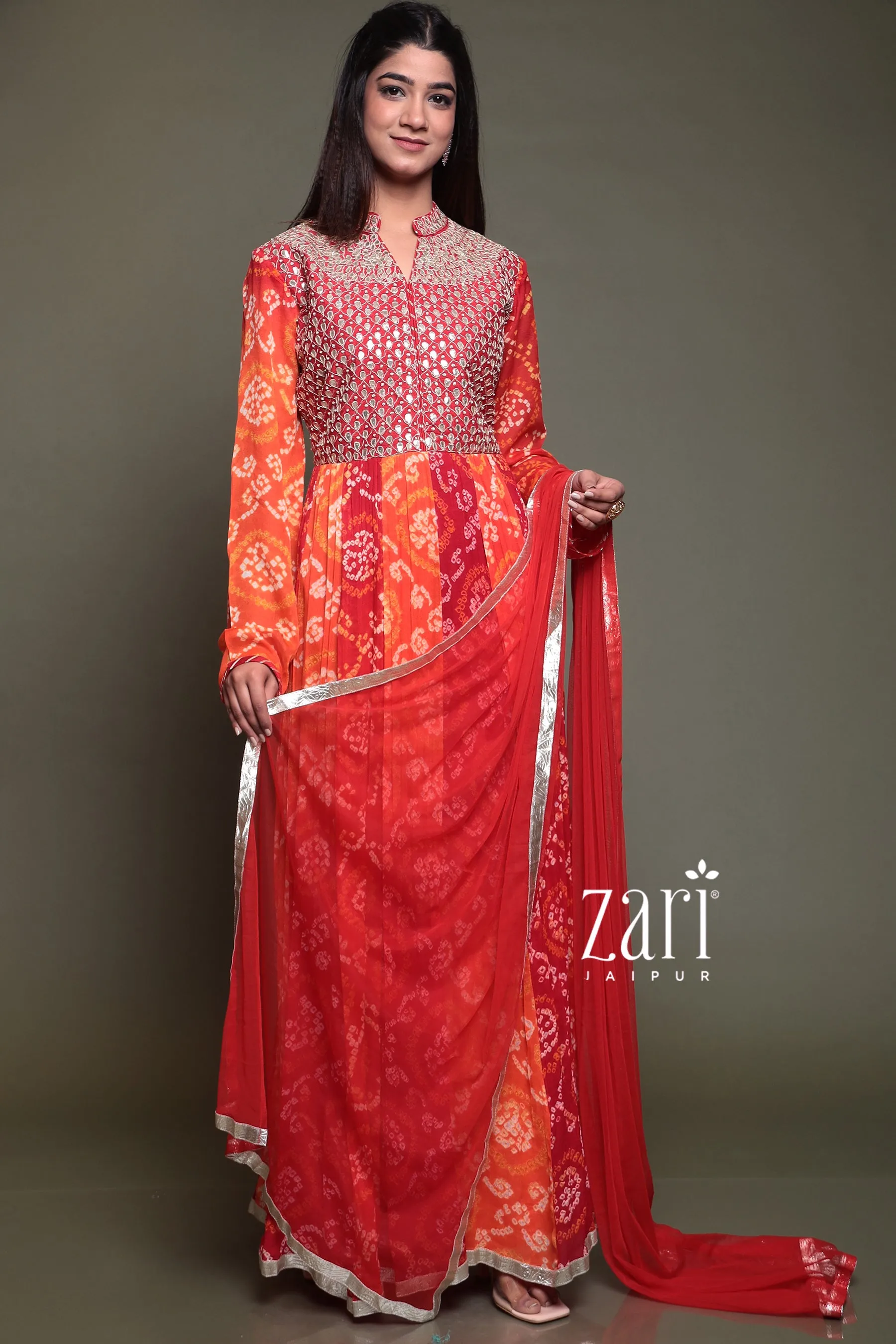 Bandhej Chinon silk Suit with Gota Patti, Pearl, Thread work.