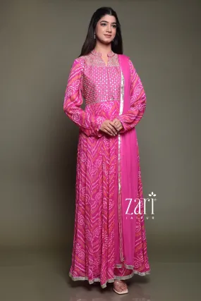 Bandhej Chinon silk Suit with Gota Patti, Pearl, Thread work.