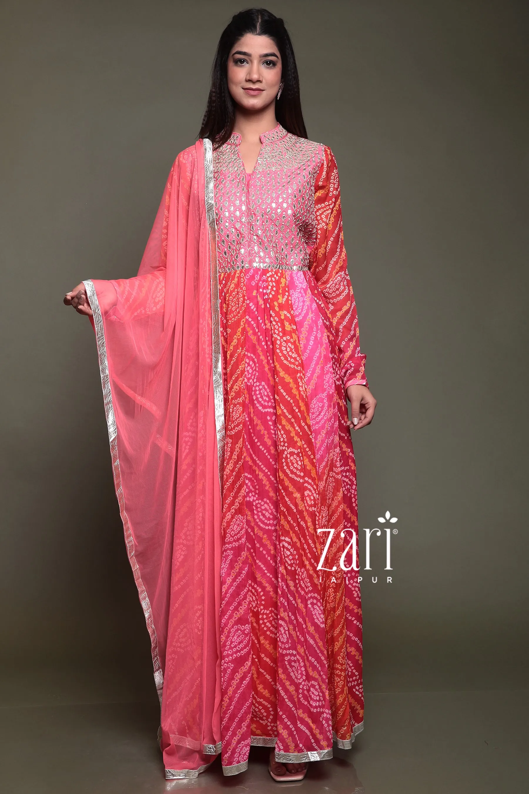 Bandhej Chinon silk Suit with Gota Patti, Pearl, Thread work.