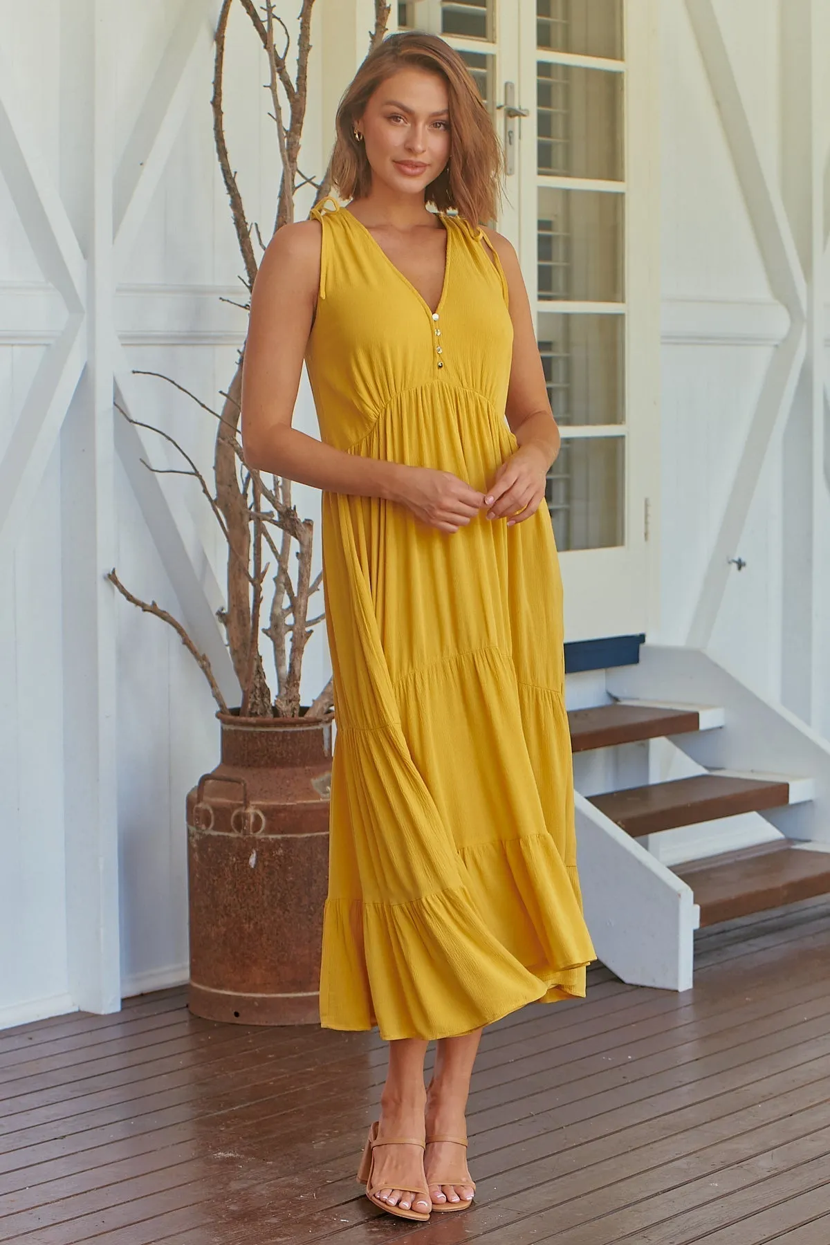 Bethanie Layered Midi Mustard Yellow Dress