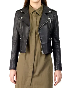 BIRDY - Cropped Leather Biker Jacket