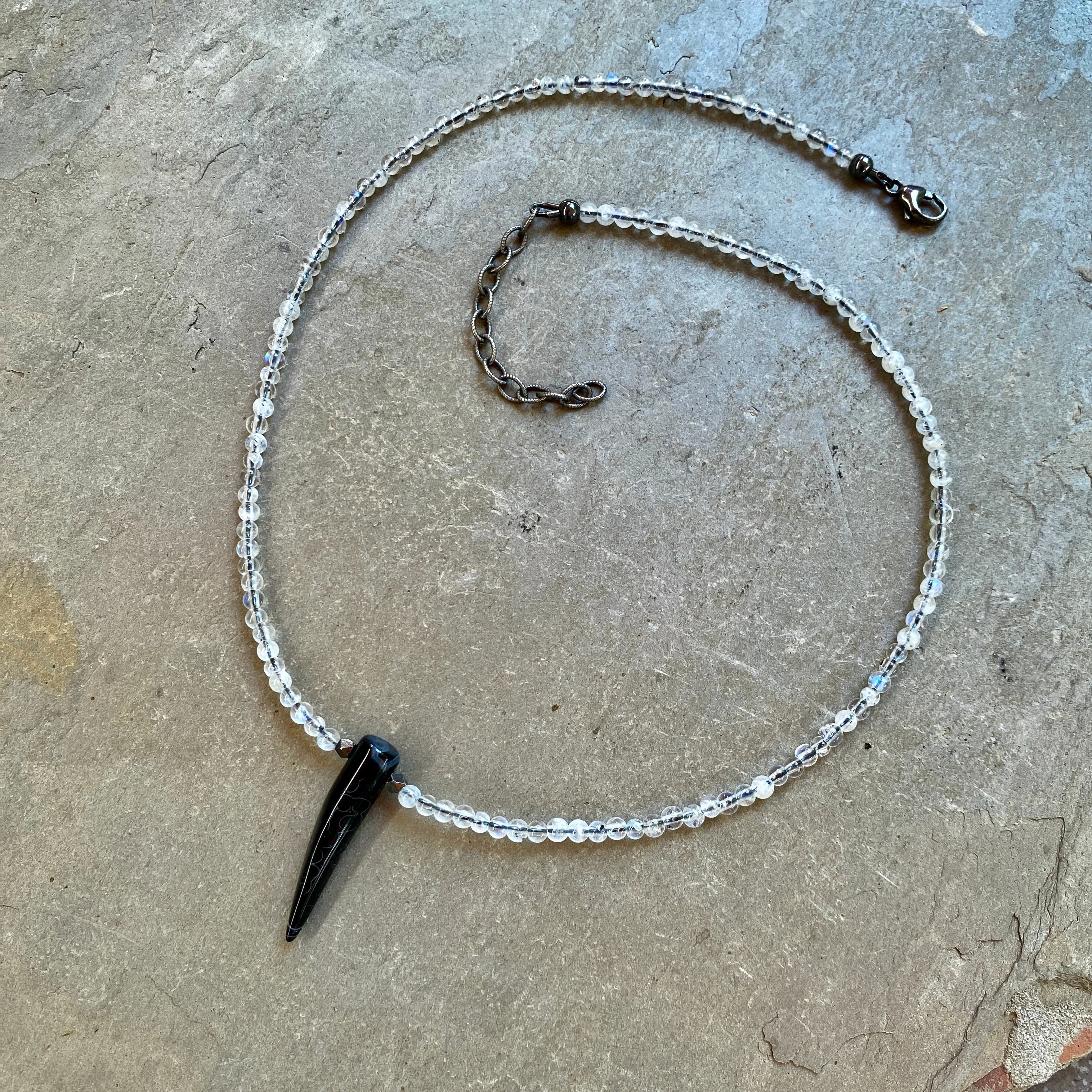 Black Agate Gemstone Horn on Moonstones w/ Sterling Silver Choker