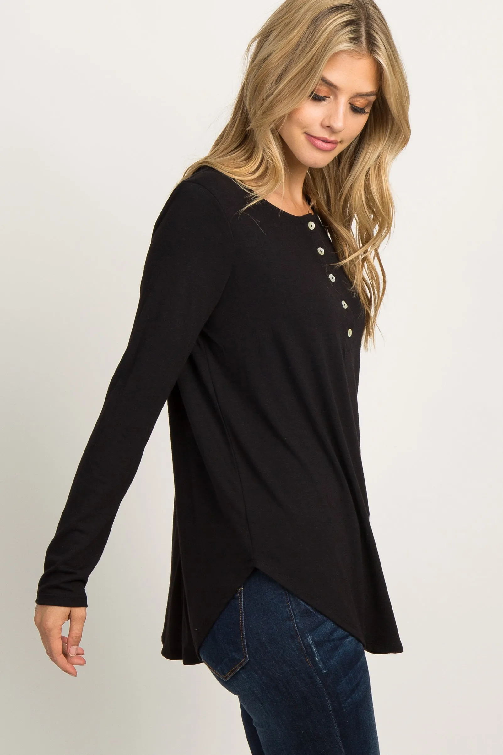 Black Solid Button Accent Long Sleeve Top