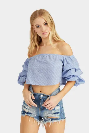 Blue Ruffle Sleeve Crop Top