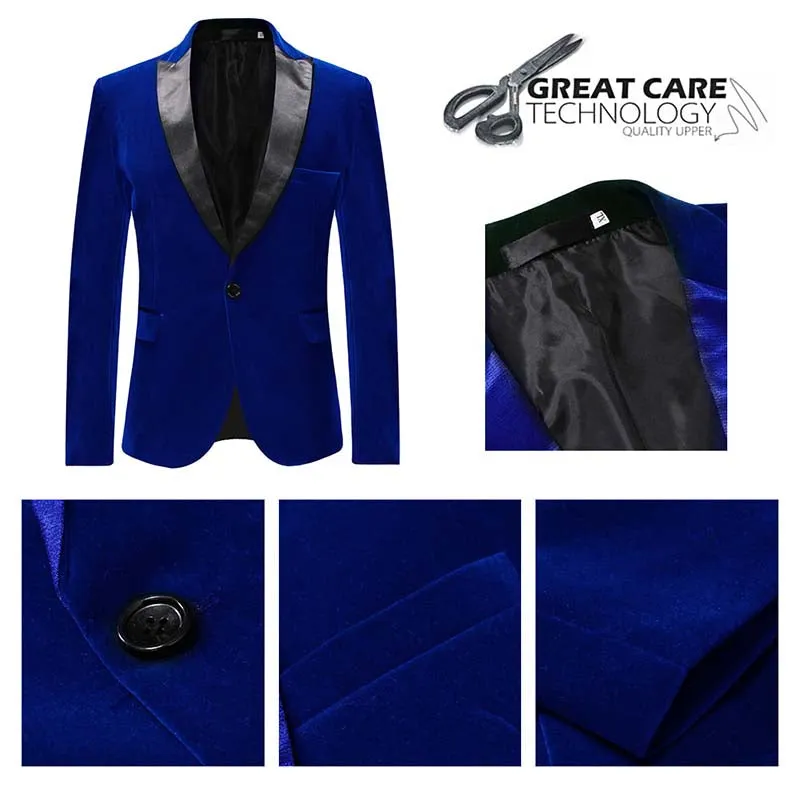 Blue Velvet Fashion Blazer Pleuche Tuxedo Jacket