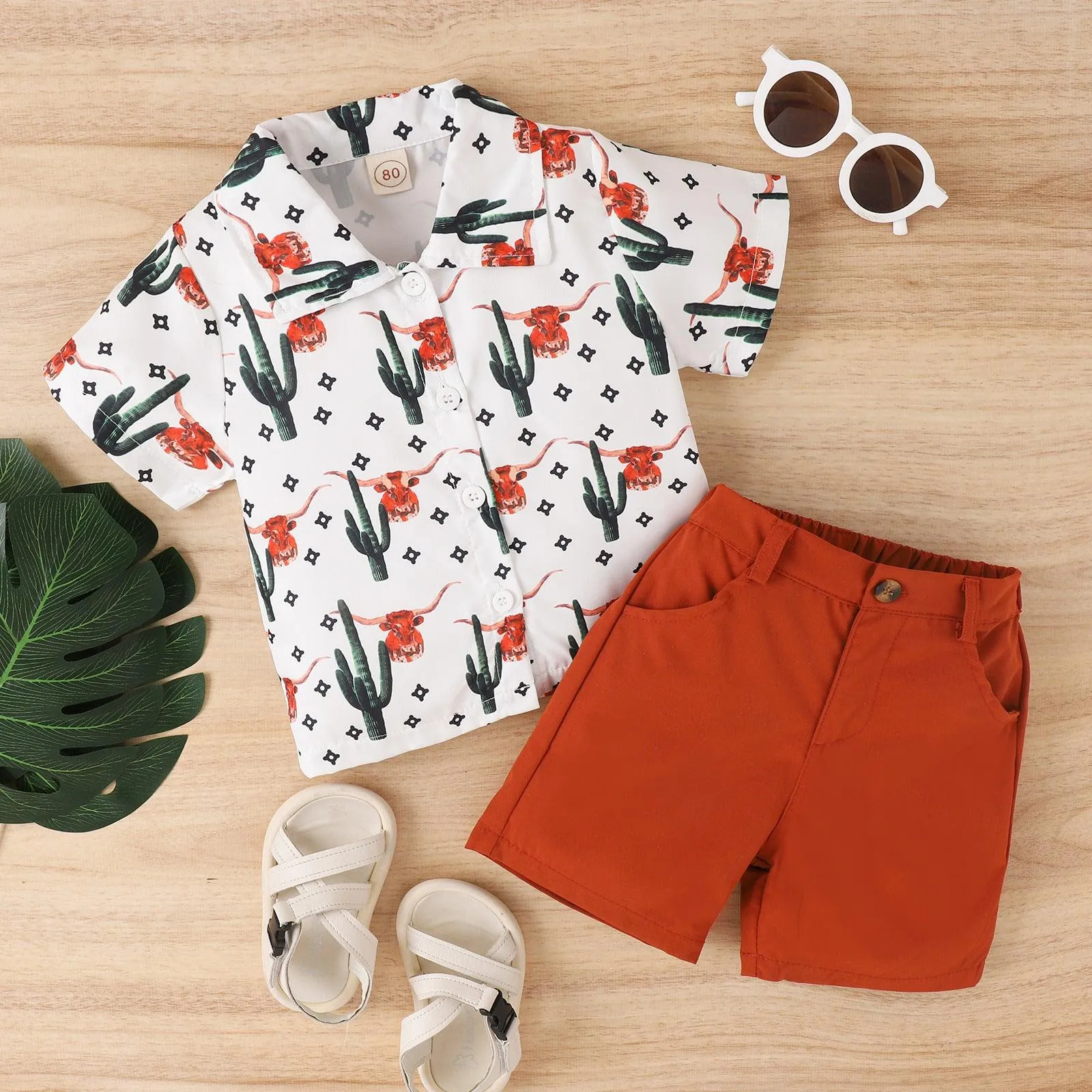 Boys' Summer Korean Animal Print Lapel Short-sleeved Shirt Fashion Shorts Two-piece Suit