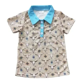 Boys Western Aztec Geo Steer Print Button Shirt Kids