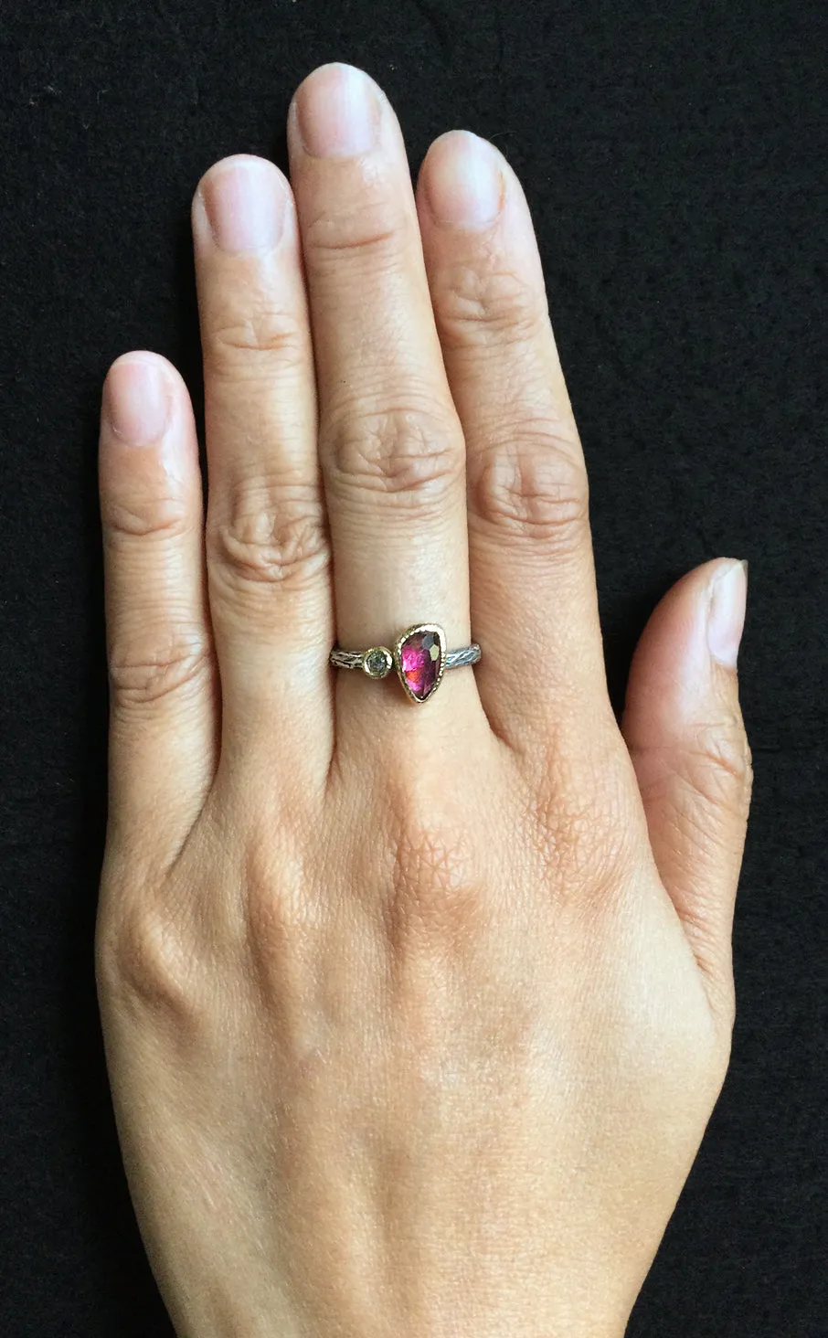 Cactus Texture Ring with Free-Form Rose Cut Rhodolite Garnet and diamond