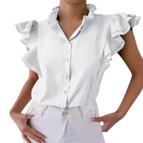 Camicia Donna Scollo V Bottoni Giromanica Volant Monocolore Casual Elegante