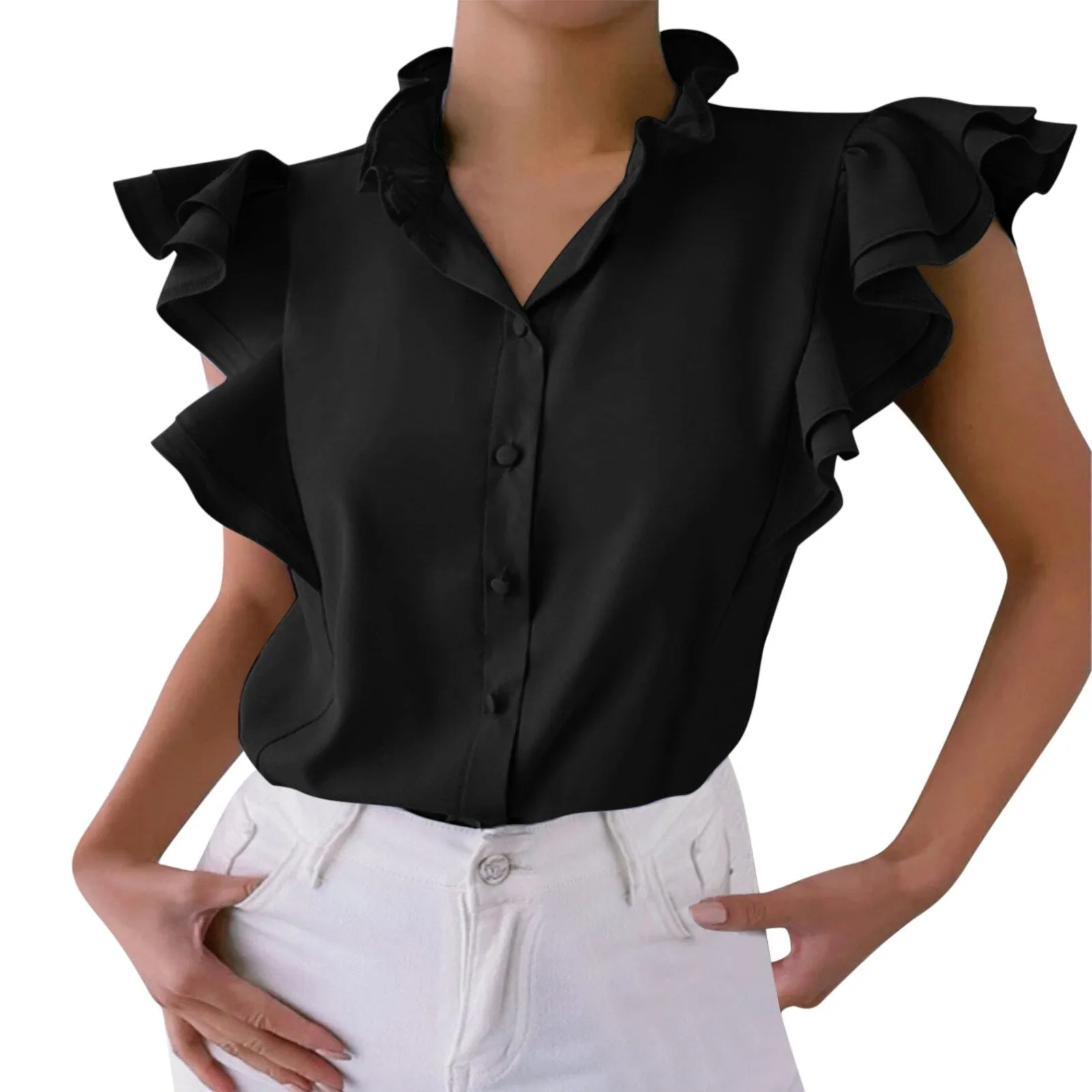 Camicia Donna Scollo V Bottoni Giromanica Volant Monocolore Casual Elegante