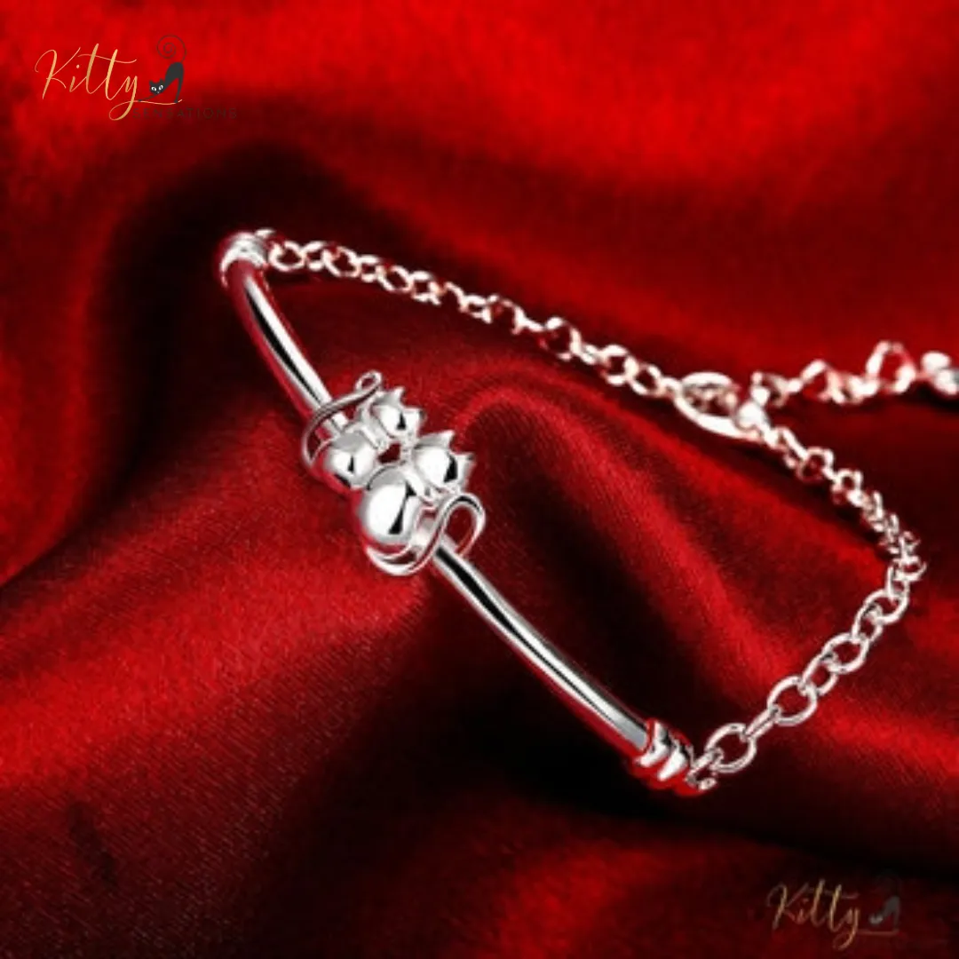 Cat Couple Bracelet in Solid 925 Sterling Silver