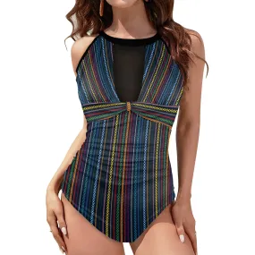 Colored Chain Women's High Neck Plunge Mesh Ruched Swimsuit (S43)