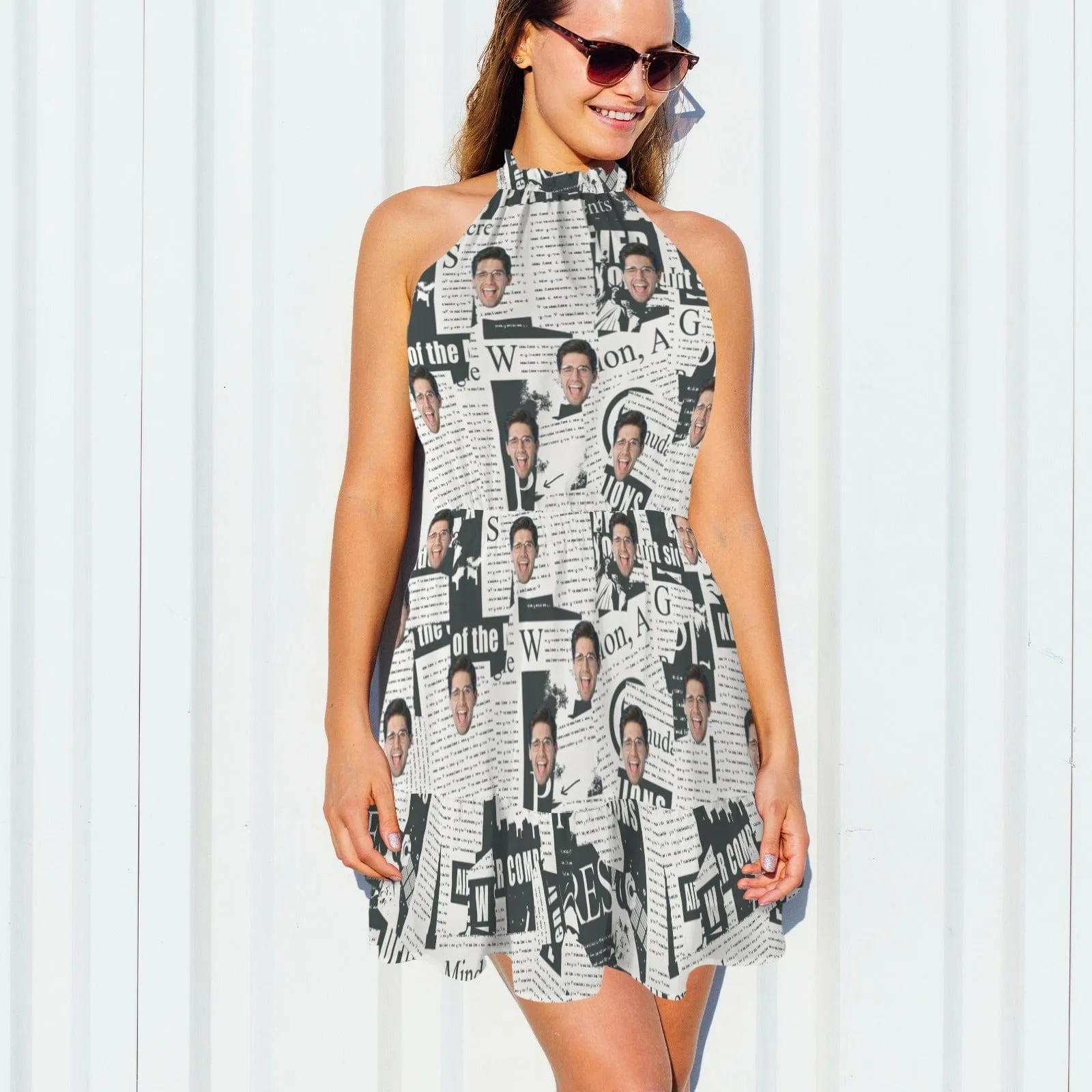 Custom Face Newspaper Women's High Neck Sleeveless Off-shoulder Casual Dress