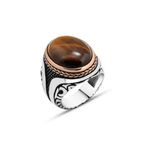 Domic Ellipse Tiger Eye Stone Silver Men's Ring with Braid Style Around