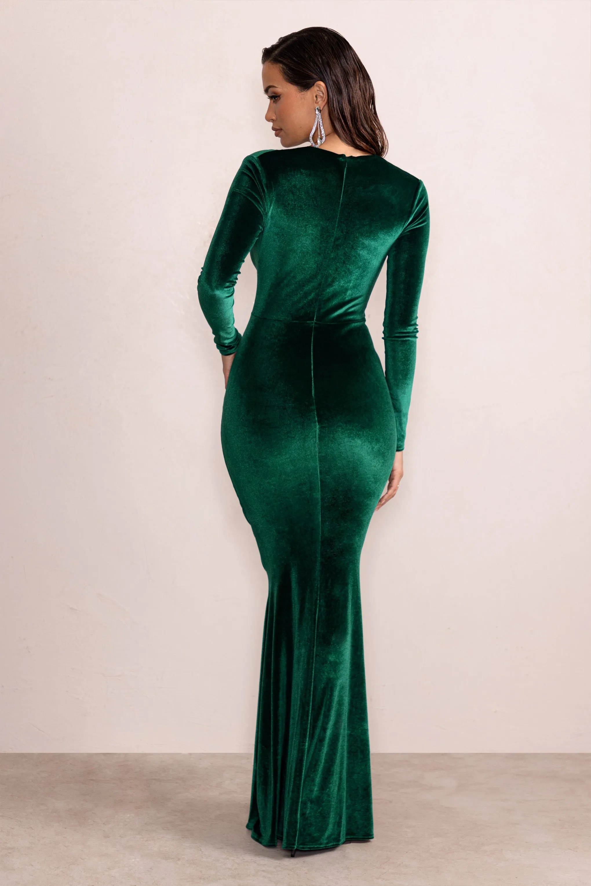 Elivia | Bottle Green Velvet Long Sleeve Plunge Neck Maxi Dress