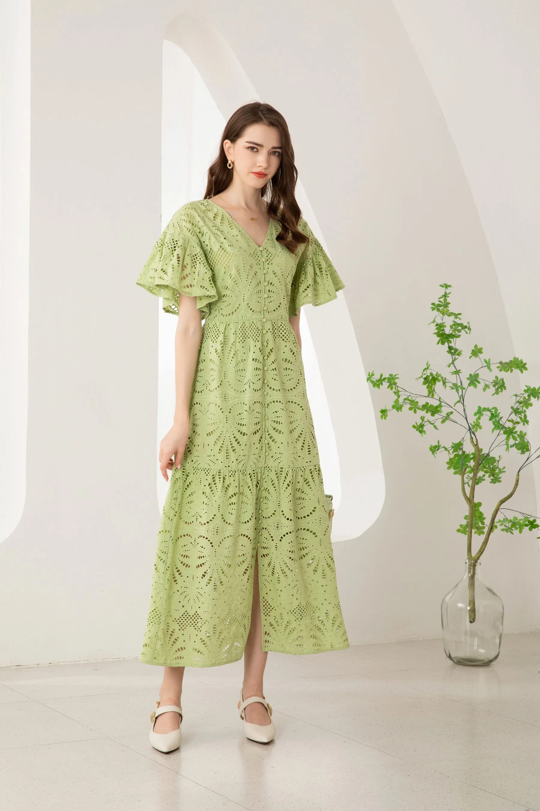 Emaline Embroidered Midi Dress - Green/Lime - GDS