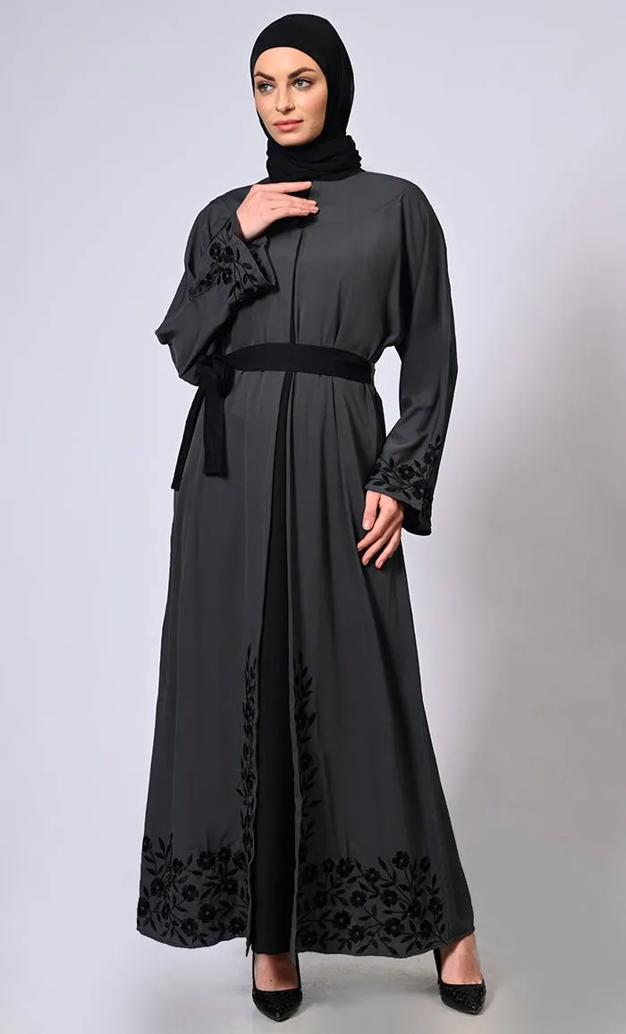 Embroidered Enchantment: Graceful Grey Abaya with Delicate Details and Belt