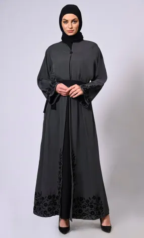 Embroidered Enchantment: Graceful Grey Abaya with Delicate Details and Belt