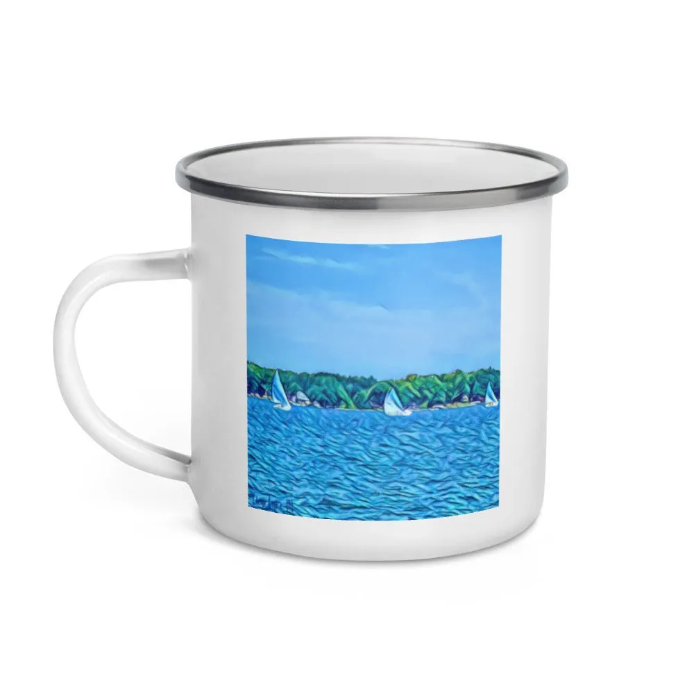 Enamel Mug with Scenic Lake Life Art from Clear Lake Indiana. Perfect Travel or Camping Coffee Cup.