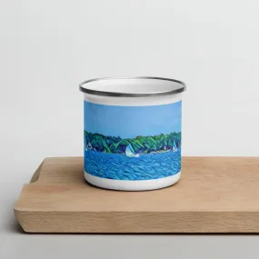 Enamel Mug with Scenic Lake Life Art from Clear Lake Indiana. Perfect Travel or Camping Coffee Cup.