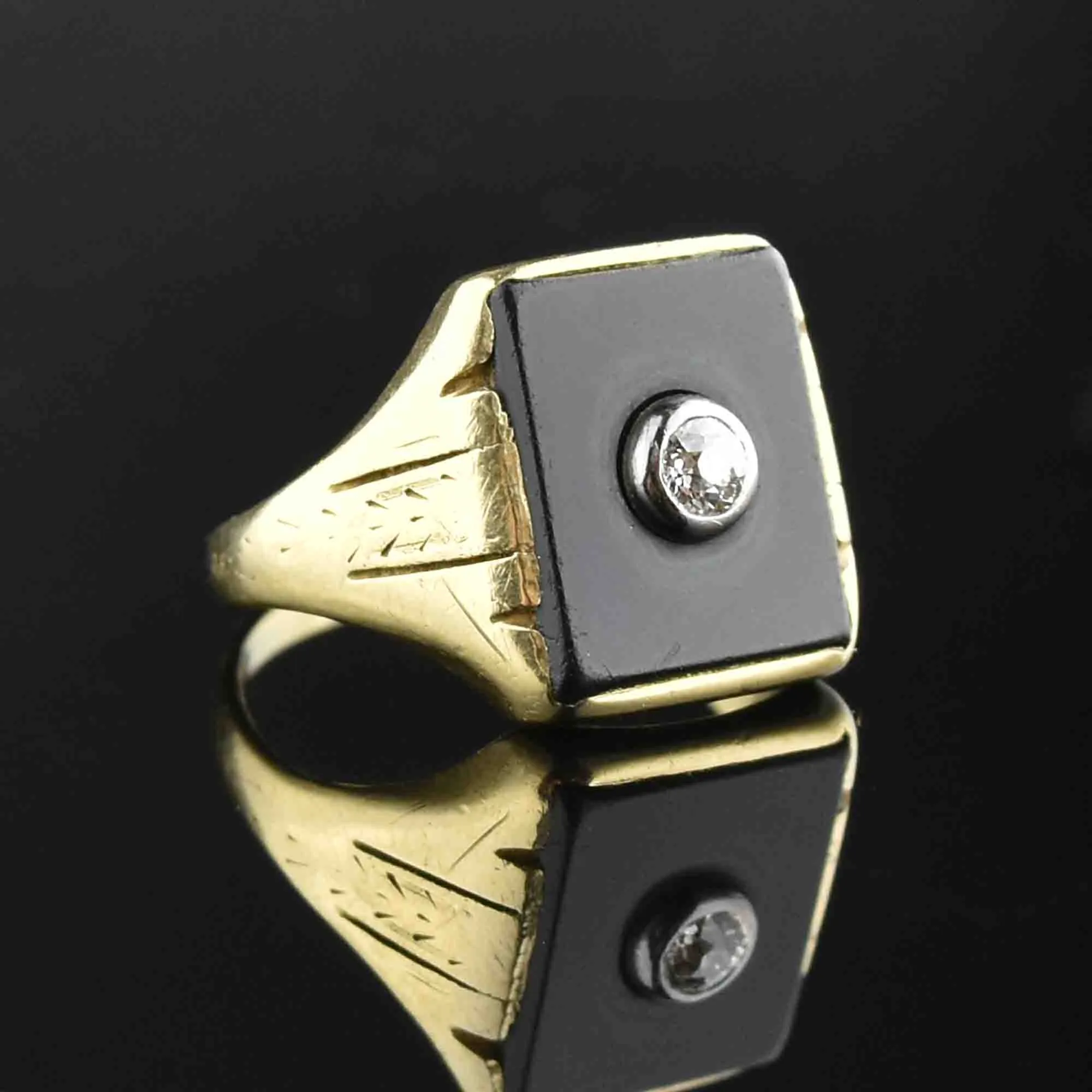 Etched Gold Diamond Onyx Statement Ring