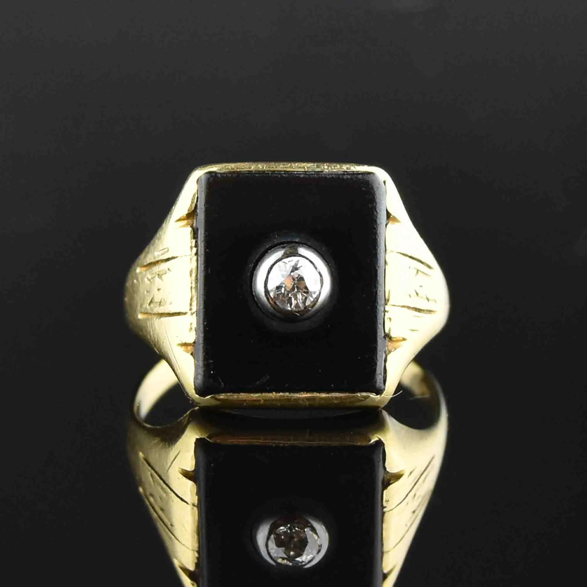 Etched Gold Diamond Onyx Statement Ring