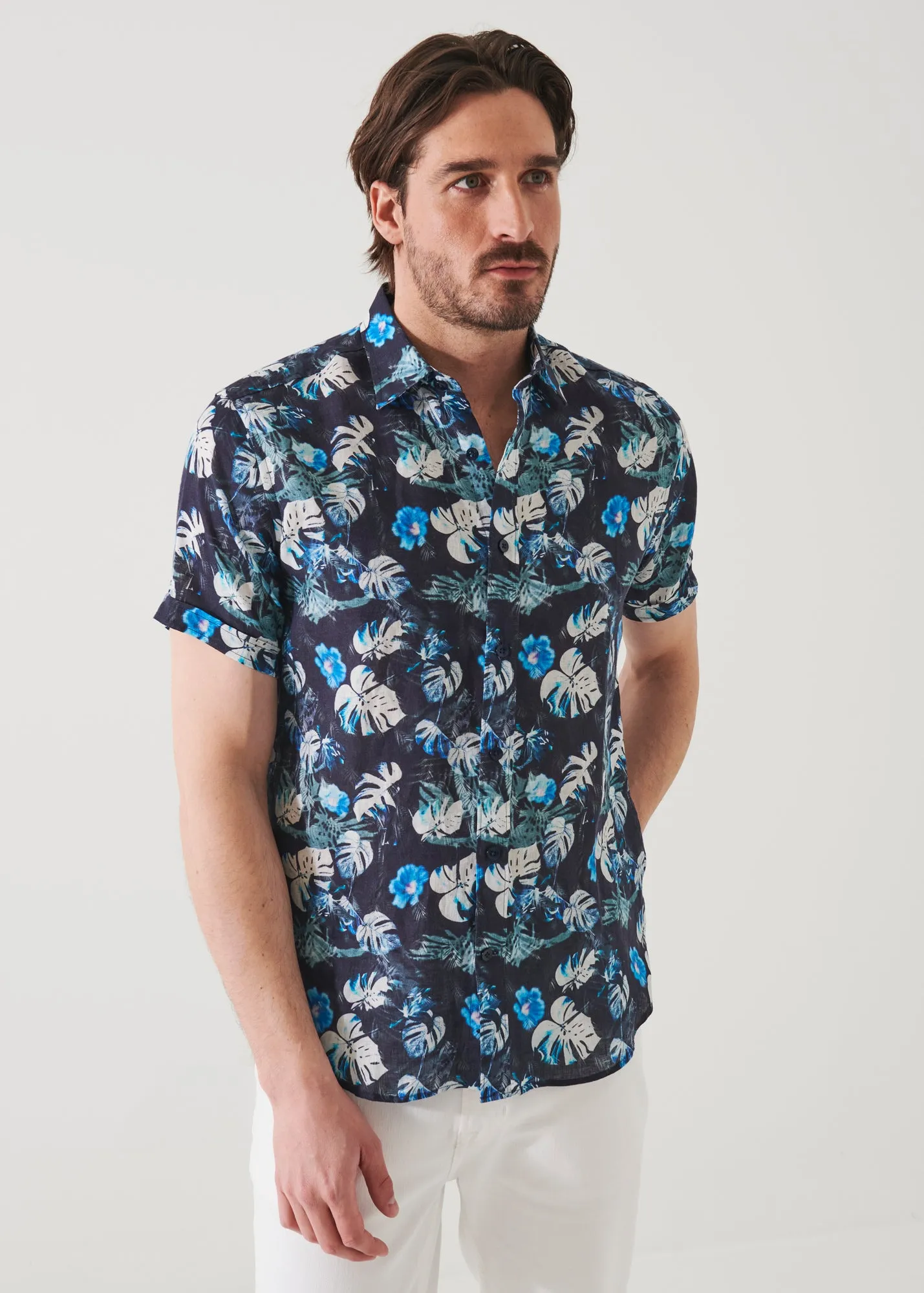 FLORAL TROPICAL PRINT LINEN SHIRT