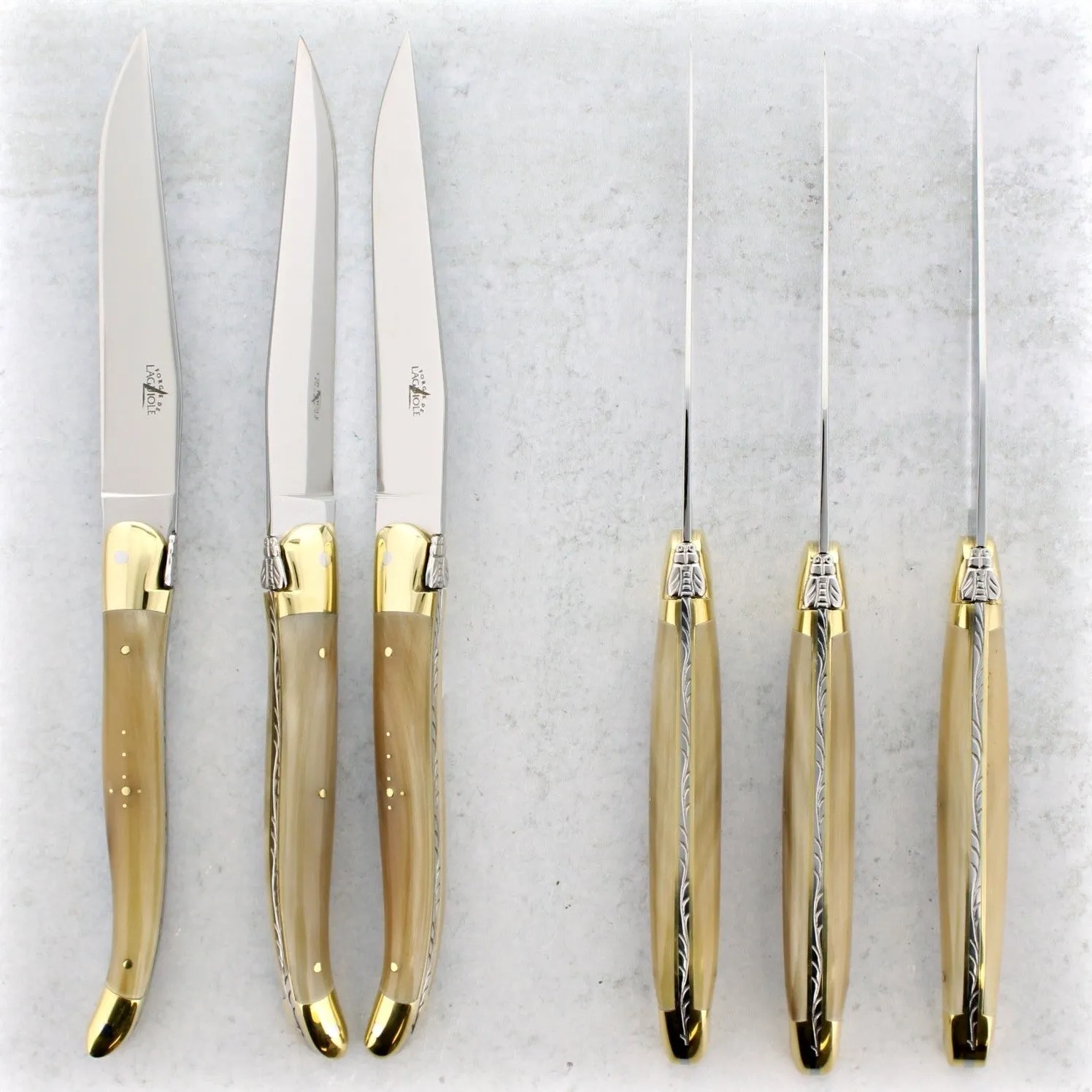 Forge de Laguiole Horn Tip Handle Steak Knives - Brass Bolsters - Set of 6