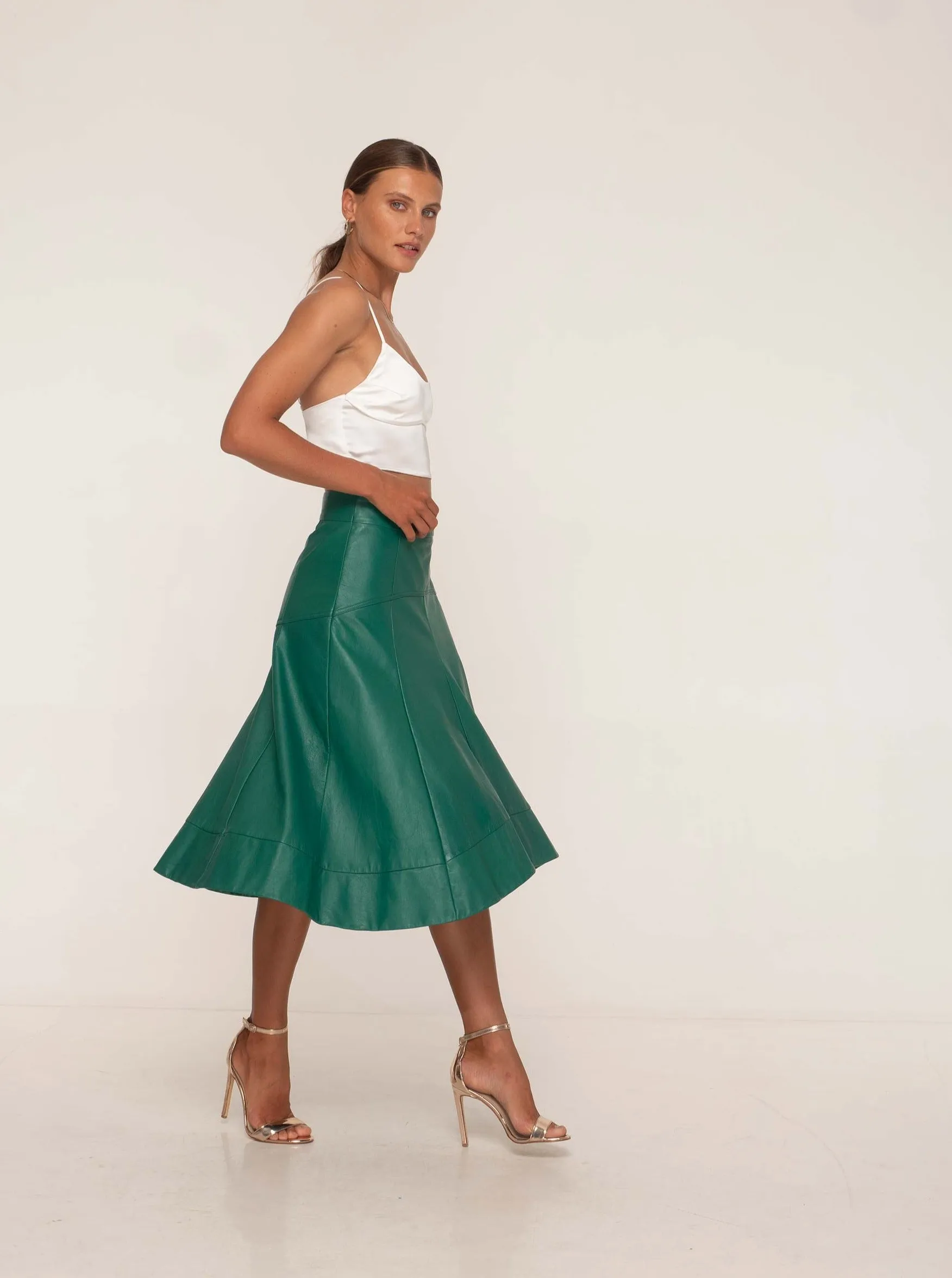 GISELLE LEATHER MIDI SKIRT - EMERALD