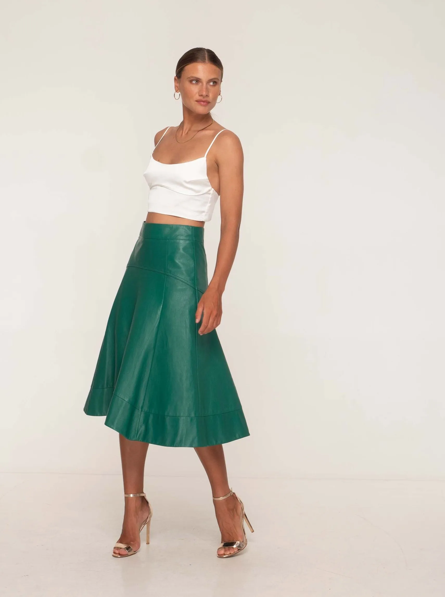 GISELLE LEATHER MIDI SKIRT - EMERALD