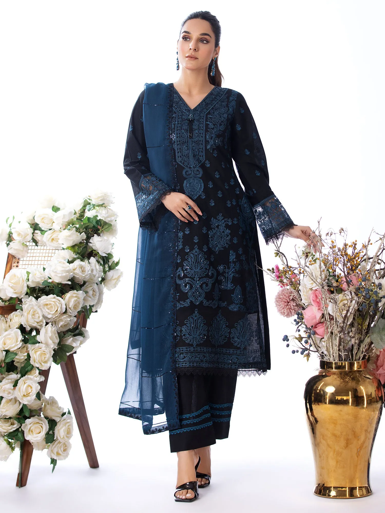 Heera's Black & Blue Embroidered Cambric Cotton Suit