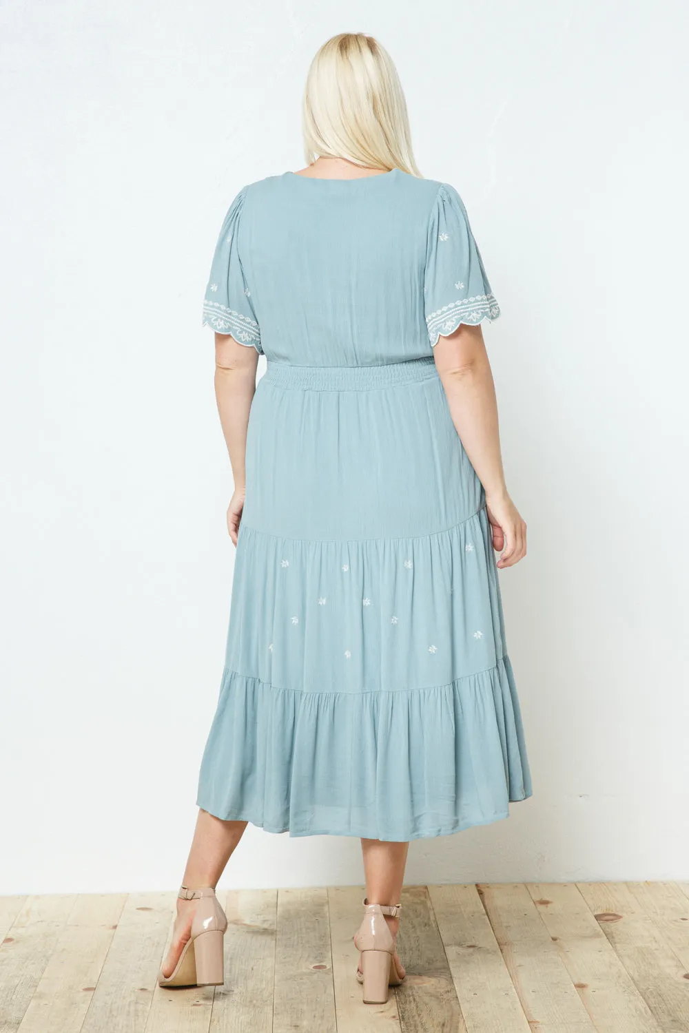 Helena Embroidered Dress in Dusty Blue PLUS