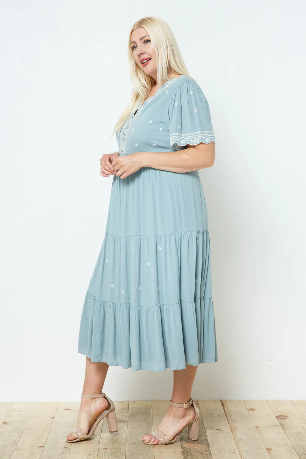 Helena Embroidered Dress in Dusty Blue PLUS