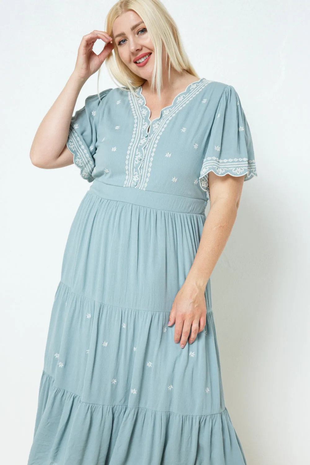 Helena Embroidered Dress in Dusty Blue PLUS