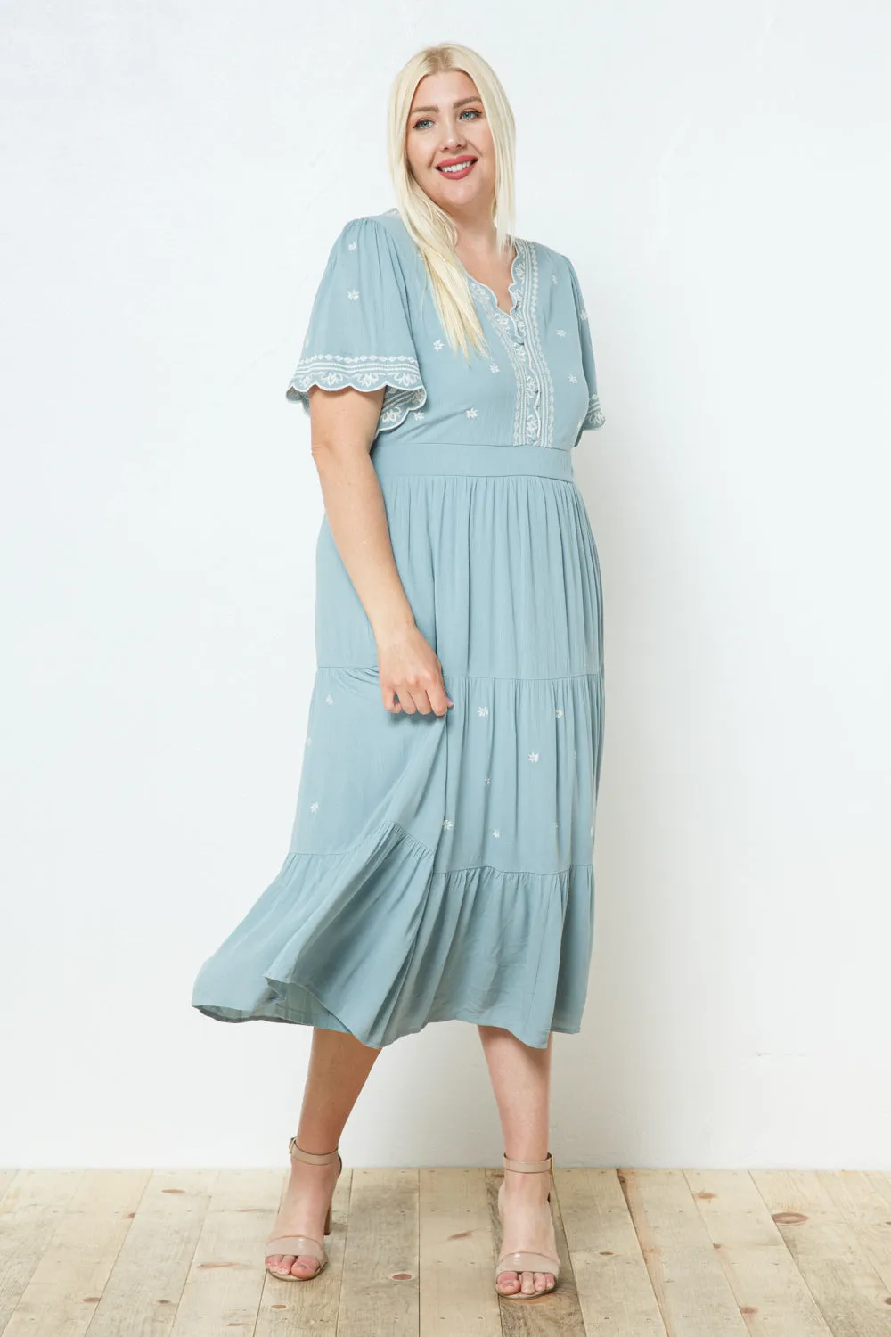 Helena Embroidered Dress in Dusty Blue PLUS