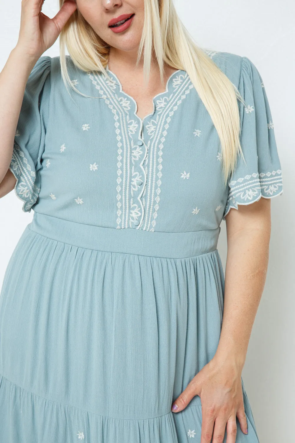 Helena Embroidered Dress in Dusty Blue PLUS