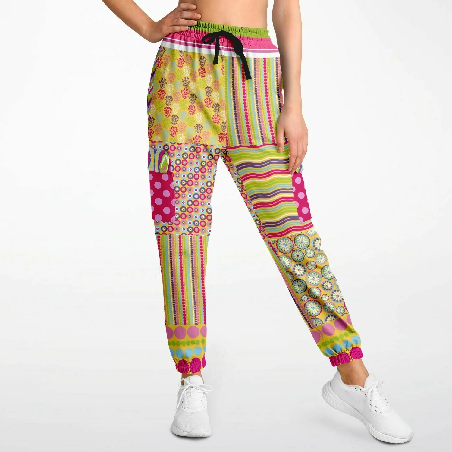 Hello Janis! Green Striped Patchwork Unisex Eco-Poly Cargo Joggers