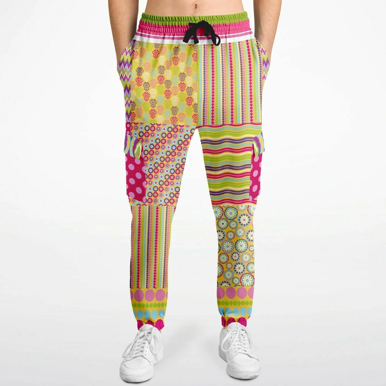 Hello Janis! Green Striped Patchwork Unisex Eco-Poly Cargo Joggers